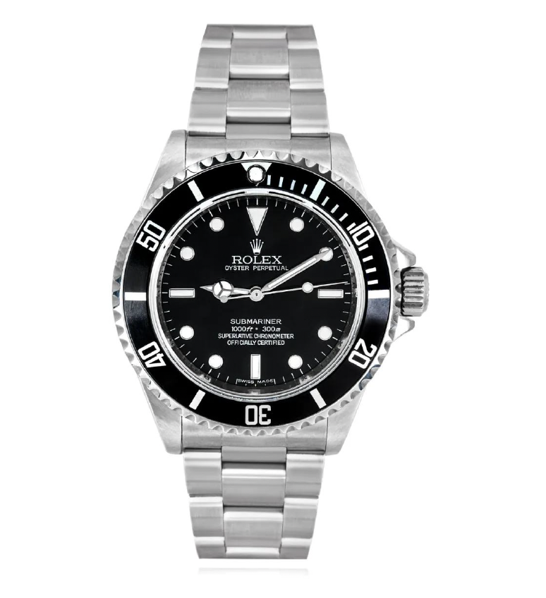 Rolex Oyster Perpetual Submariner watch with a black dial and stainless steel bracelet.